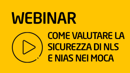 Immagine con sfondo giallo e testo in nero che dice webinar come valutare la sicurezza di NLS e NIAS nei MOCA ed un'icona con un cerchio e un simbolo di play (triangolo rivolto a destra) a indicare un contenuto video