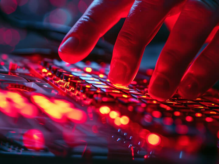 Close up view of handing typing on a keyboard with red surrounding lights, scanning a network for vulnerabilities and potential attacks