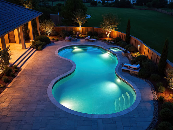 Aerial view of modern backyard with stone courtyard and bean shaped swimming pool with side hot tub lit up at night with swimming pool and spa lighting