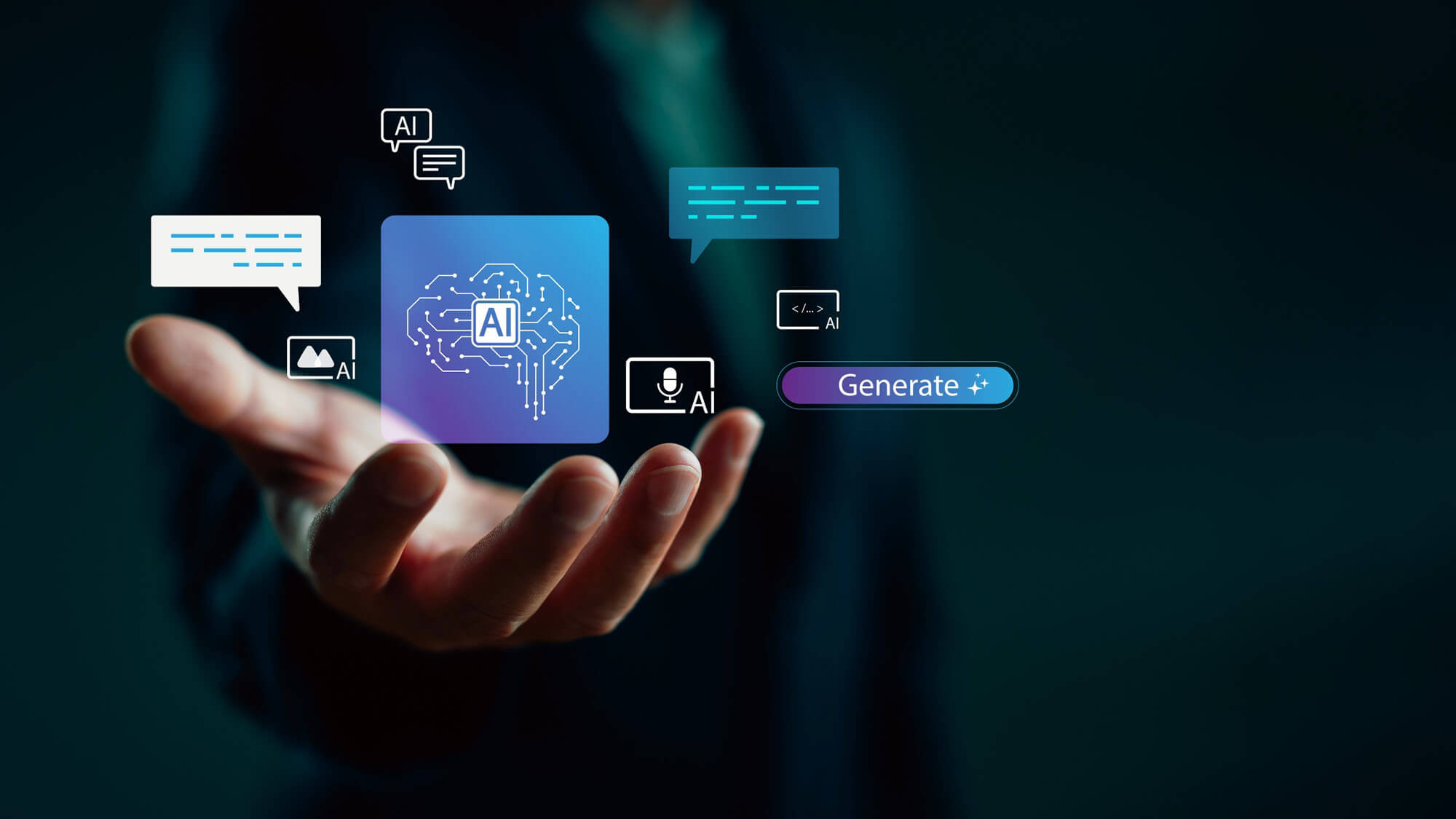 Businessman presenting AI technology icons, including chatbot, voice assistant, and image generation, symbolizing artificial intelligence, innovation and digital transformation in modern business