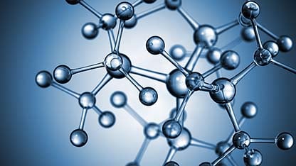 Molecular structure displayed on a blue background, illustrating the intricate connections of atoms and bonds.