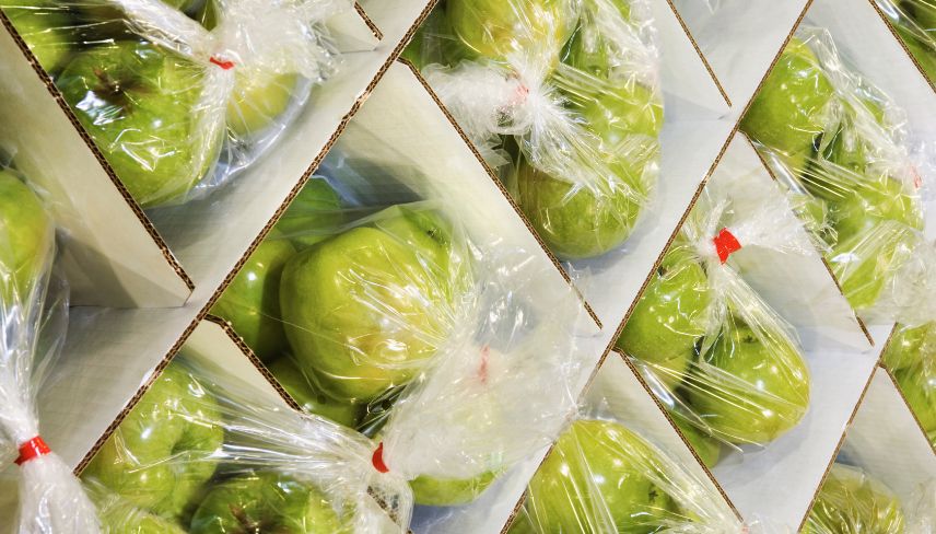 Close-up of green apples packed in clear plastic bags, neatly arranged inside cardboard boxes for storage or transport.